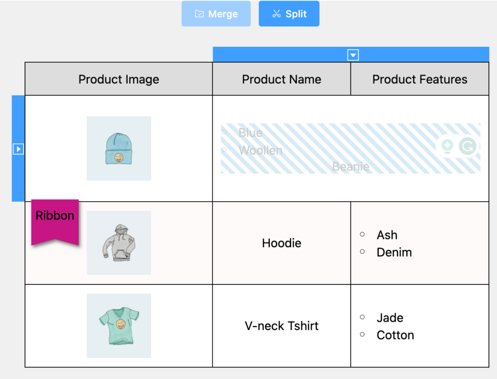 Split table cells in Ninja Tables Drag and drop table