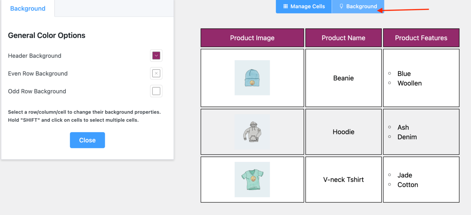 Table Background Color Customizing