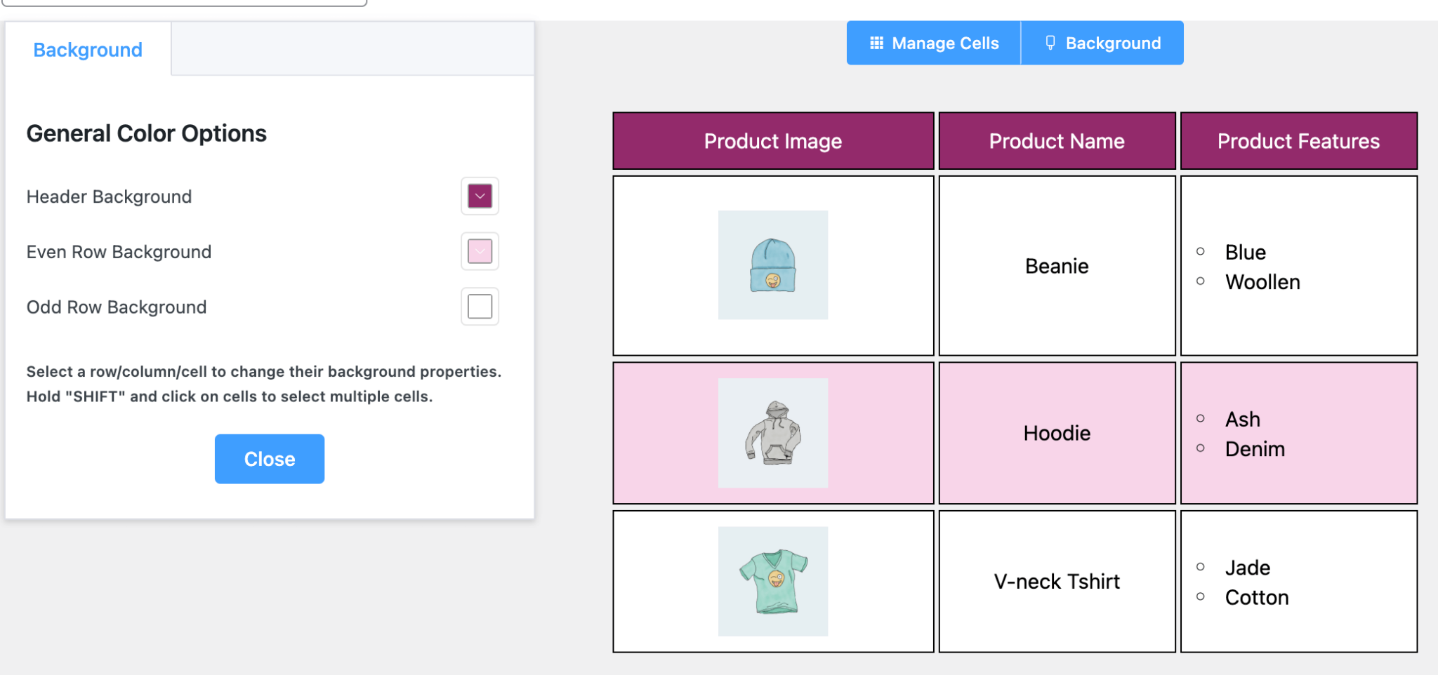 Table Background Color Customizing