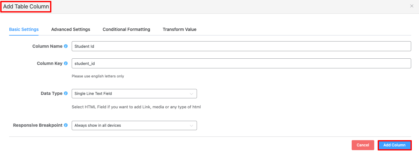 add table column in ninja tables