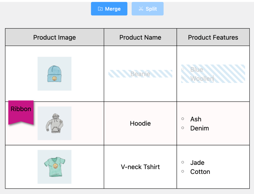 merge table cells in Ninja Tables Drag and drop table