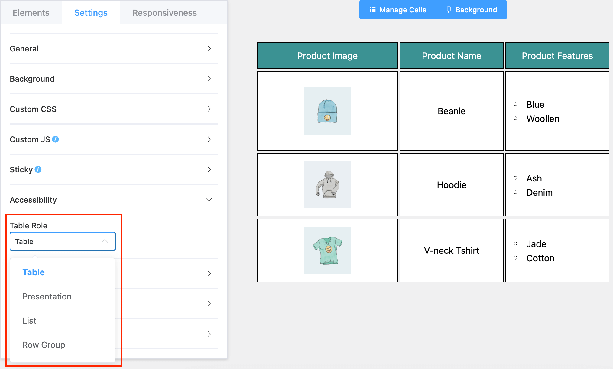 Table Settings and Customization in Drag and Drop Builder