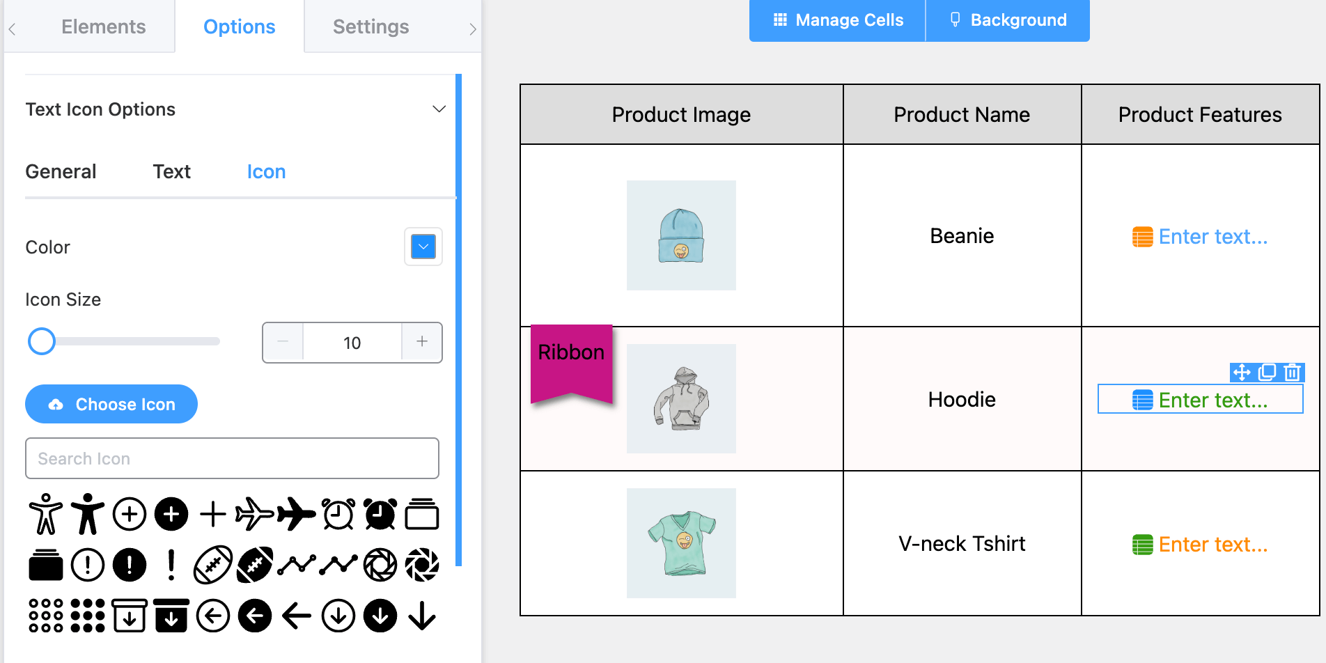 Text Icon Element in Ninja Tables