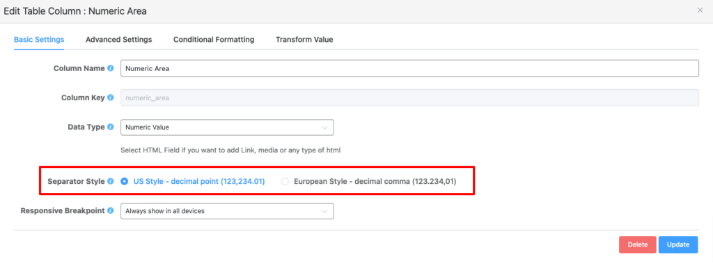 Separator style in numeric value