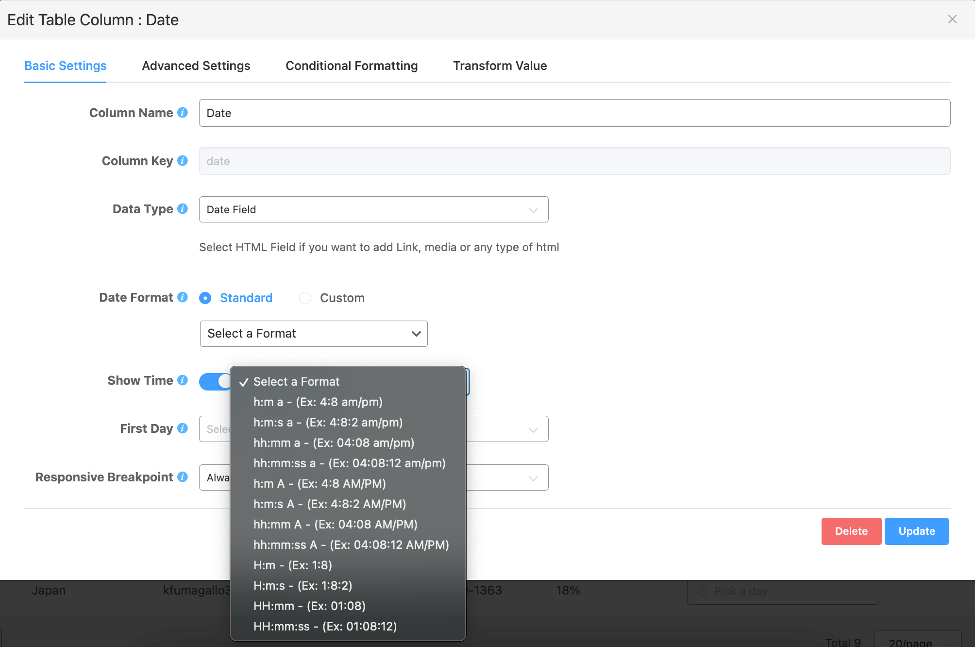Date Field - Ninja Tables Data Type