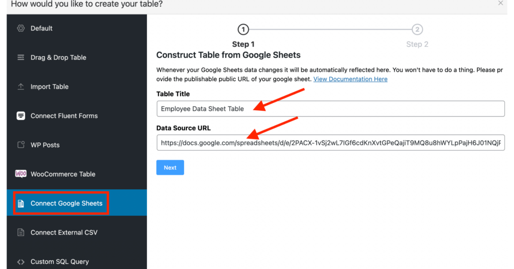 connect google sheets to ninja tables