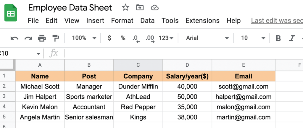 employee data in google sheets