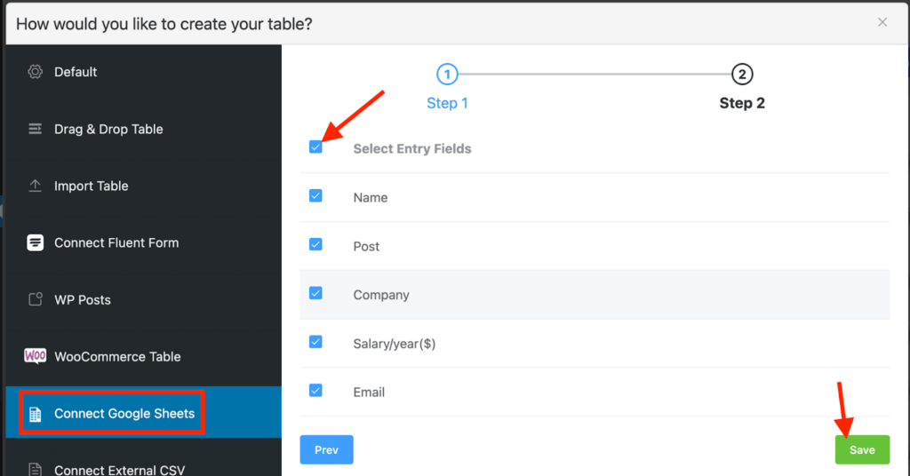 select entry fields for google sheet data table