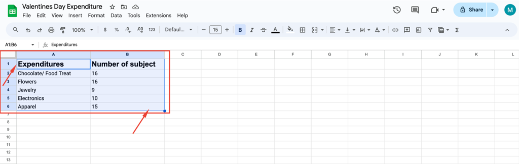 Select data on the Google Sheet to create your Graph