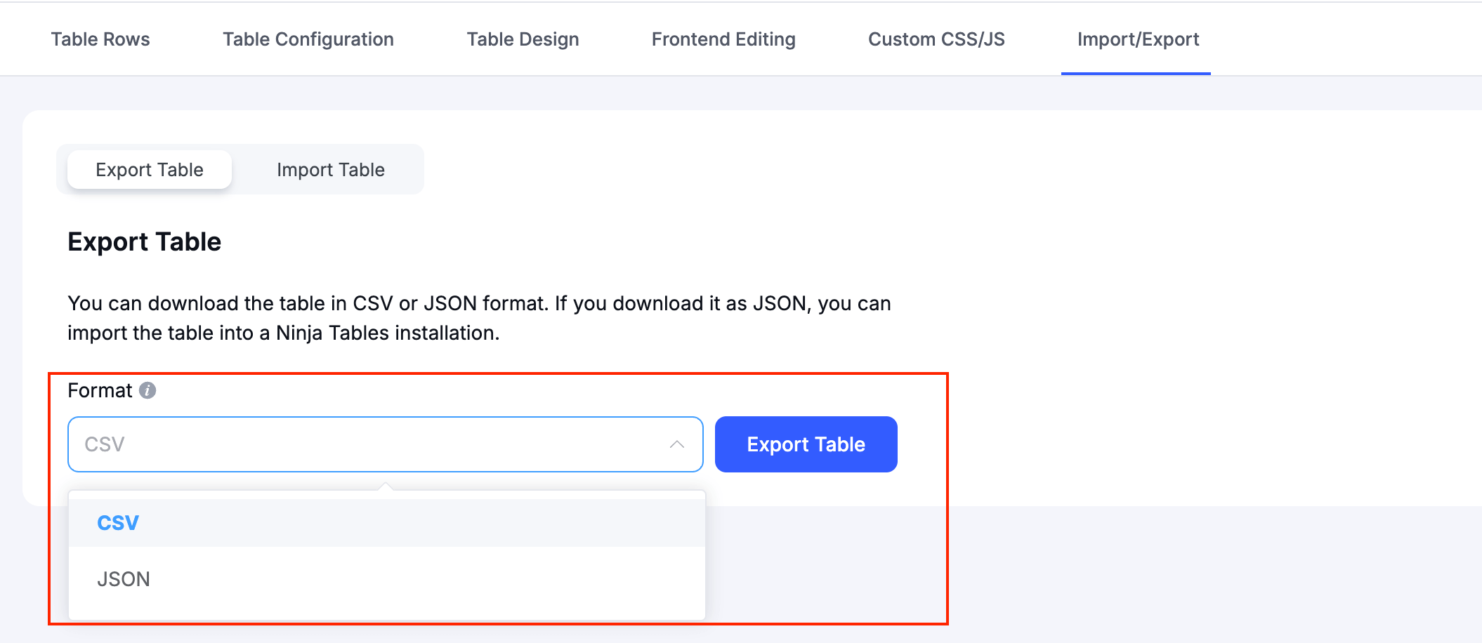 export table from ninja tables