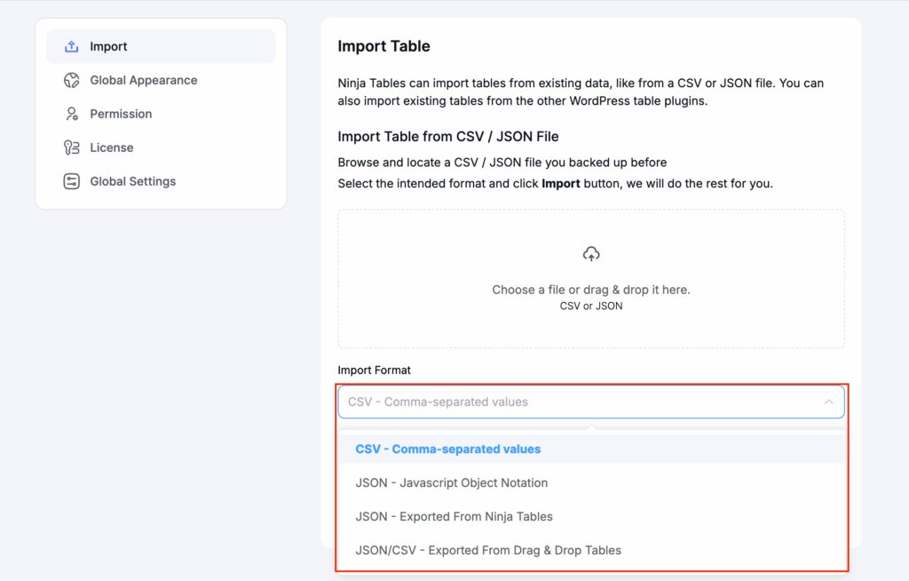 import format in ninja tables