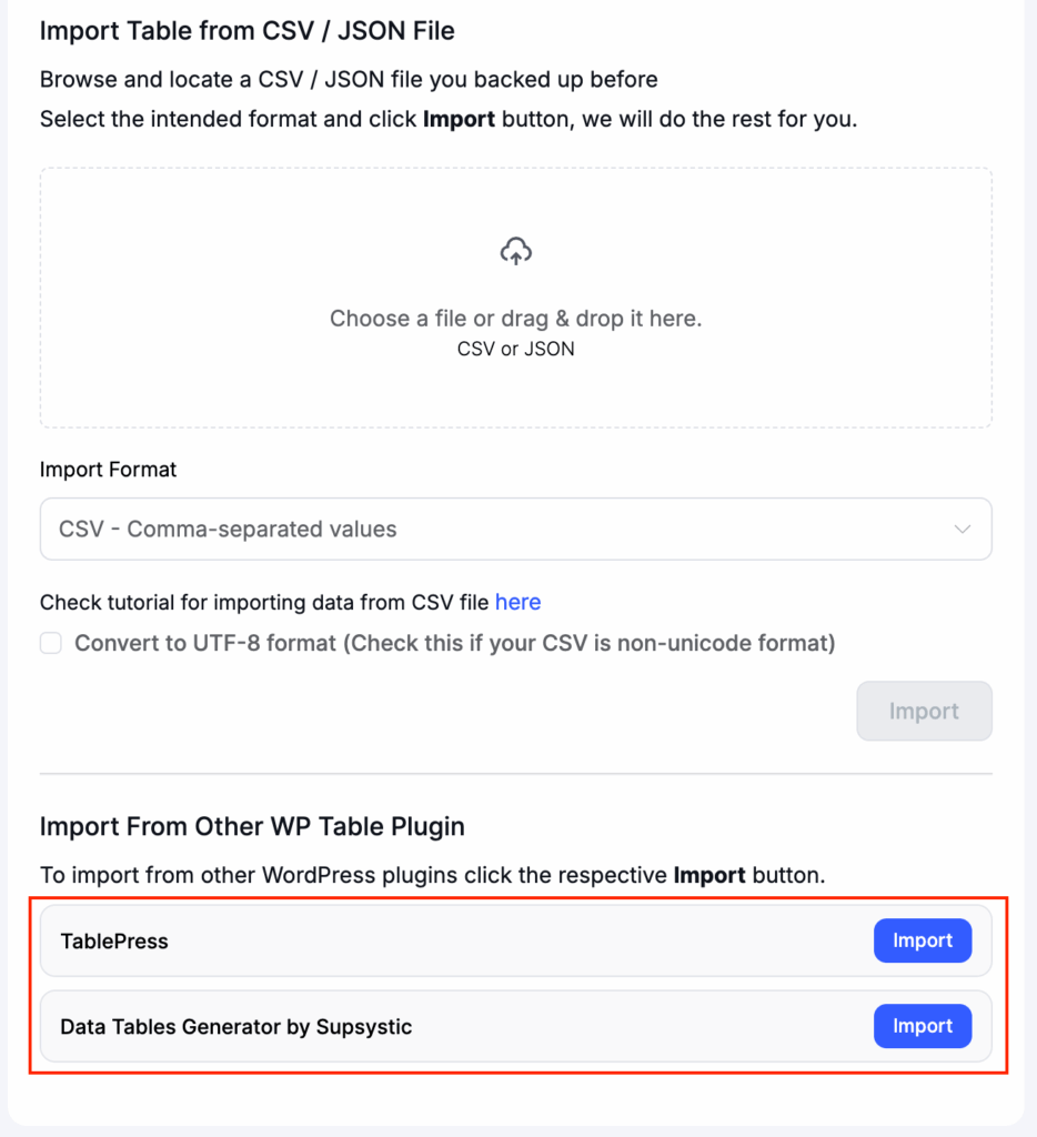 import table from other wp plugins