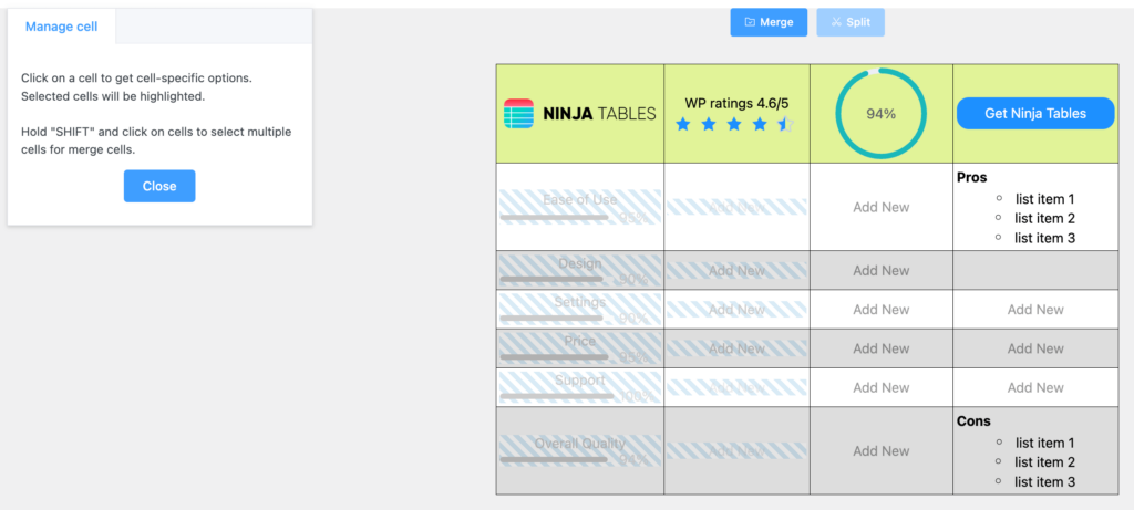 merge cells of product review table