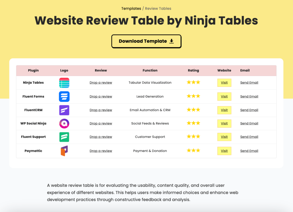 live table template download