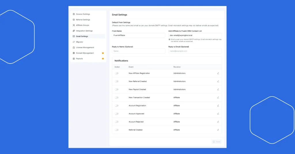 Affiliate custom email setting