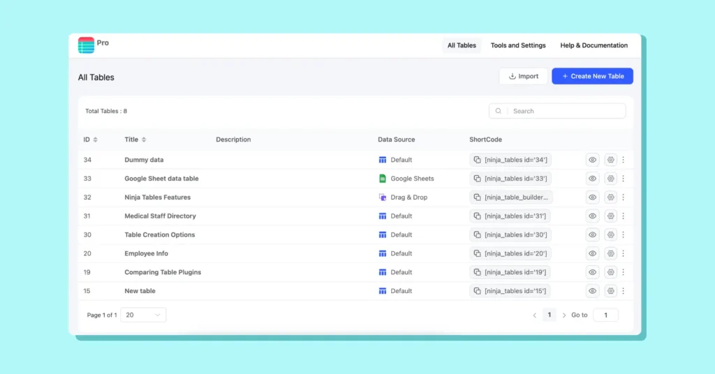 All Tables List UI