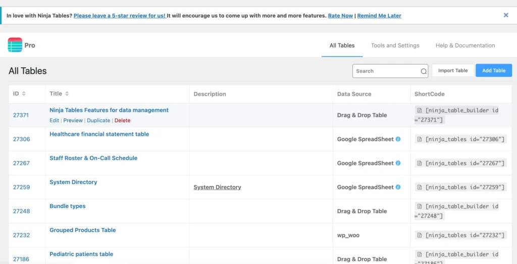 All Tables Old UI