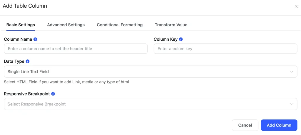 New UI table column