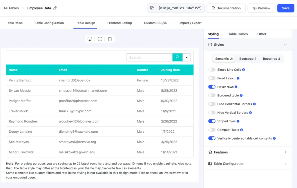 New UI table design tabs
