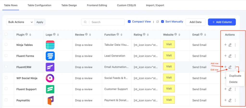 New Ui add delete or duplicate row