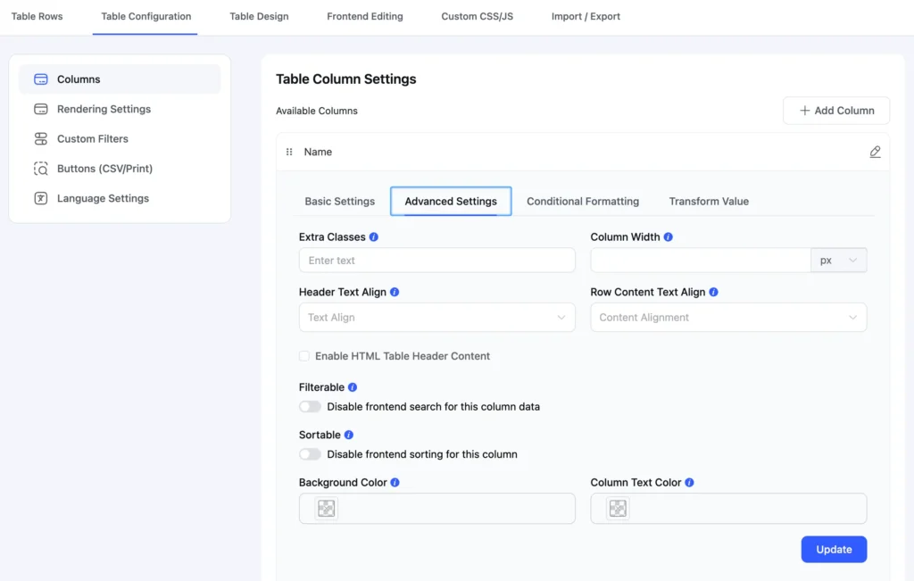New Ui column advanced settings