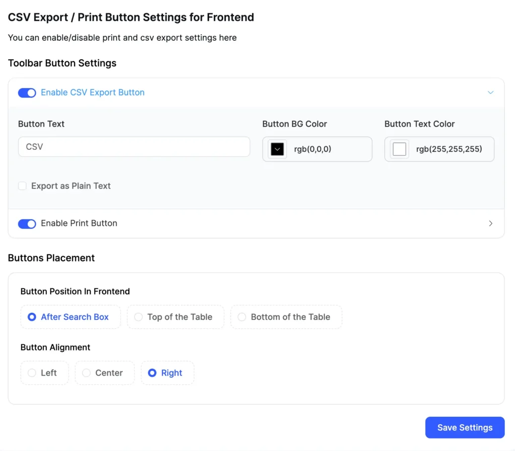 New Ui csv:print button settings