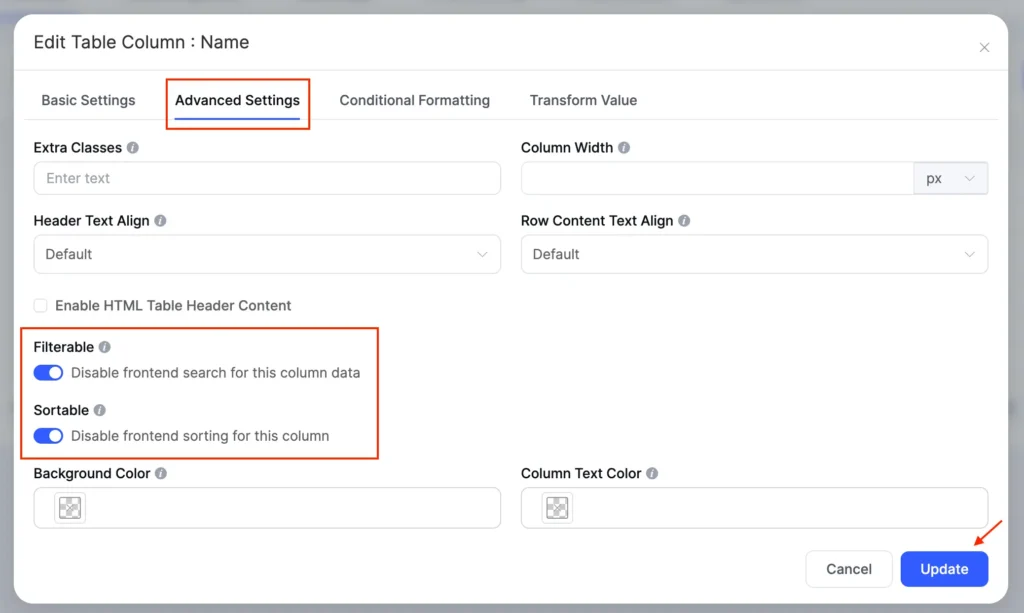 New Ui disable sorting filtering