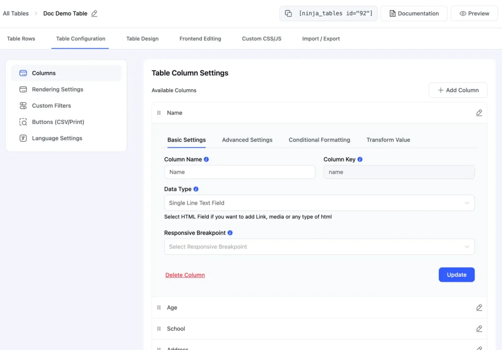 New Ui table configuration tab