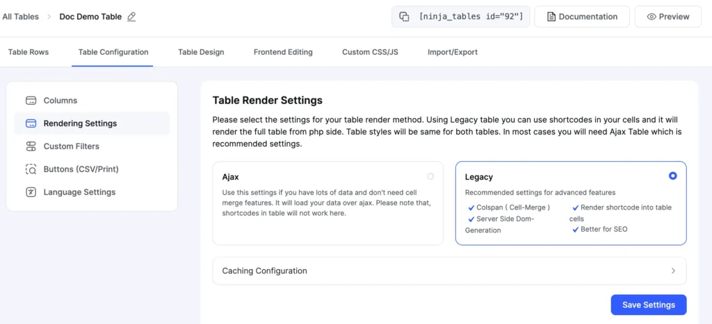 New Ui table rendering settings