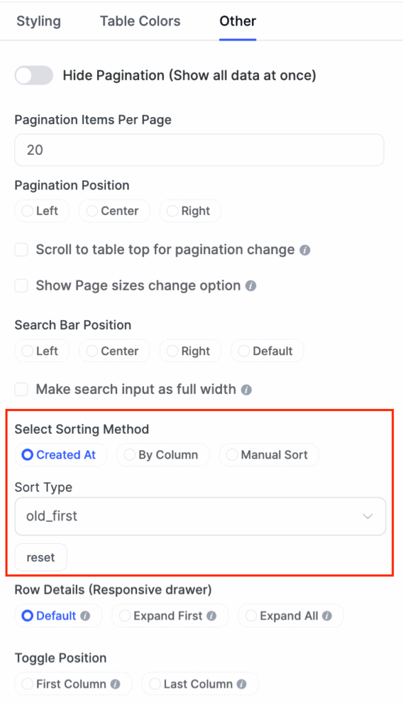 New Ui table sorting options