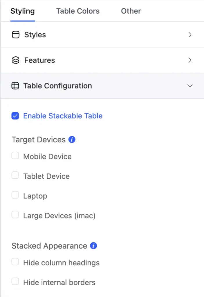 New table ui stackable table
