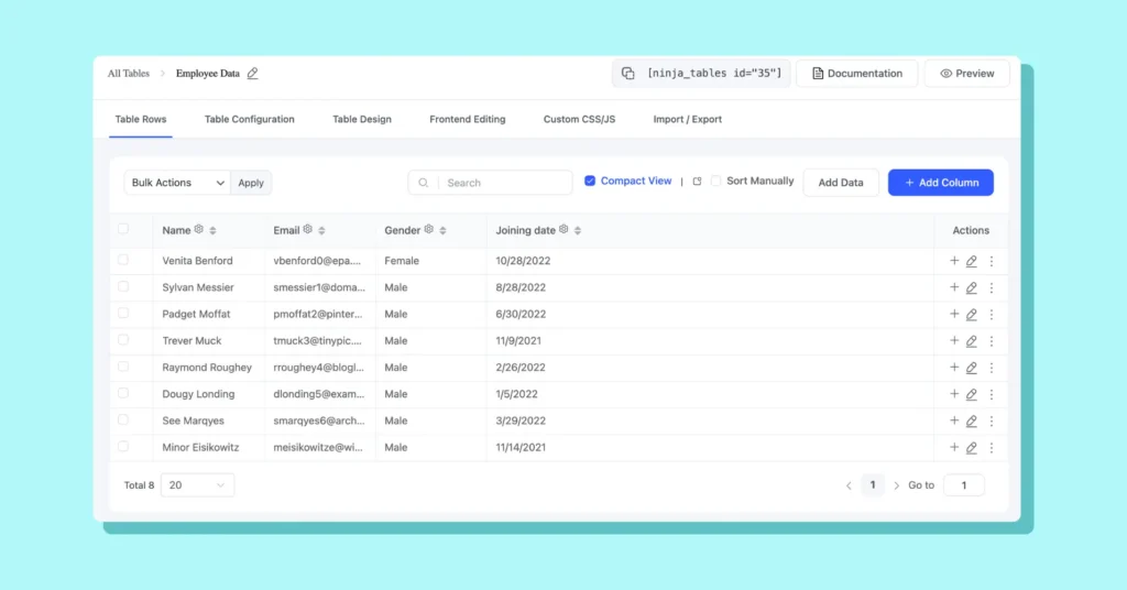 Table Backend UI