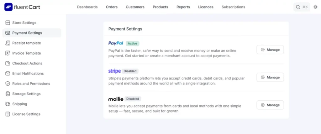FluentCart payment options