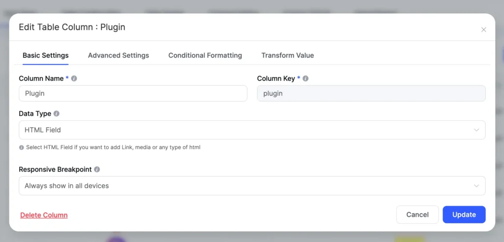 New UI Edit table column
