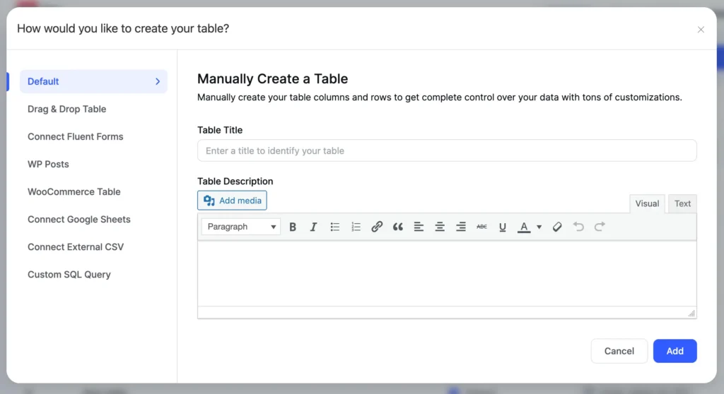 New UI Table creation options