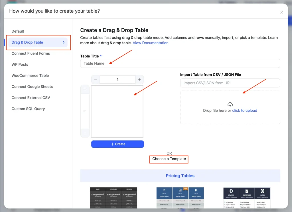 New UI drag and drop table