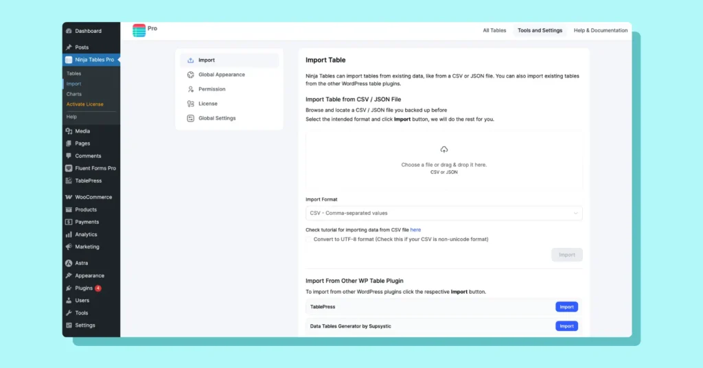 New UI table import tools and settings