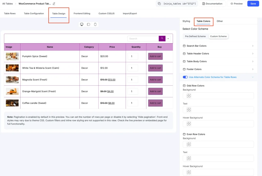 WooCommerce table colors