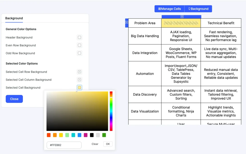 selected cell background color drag and drop