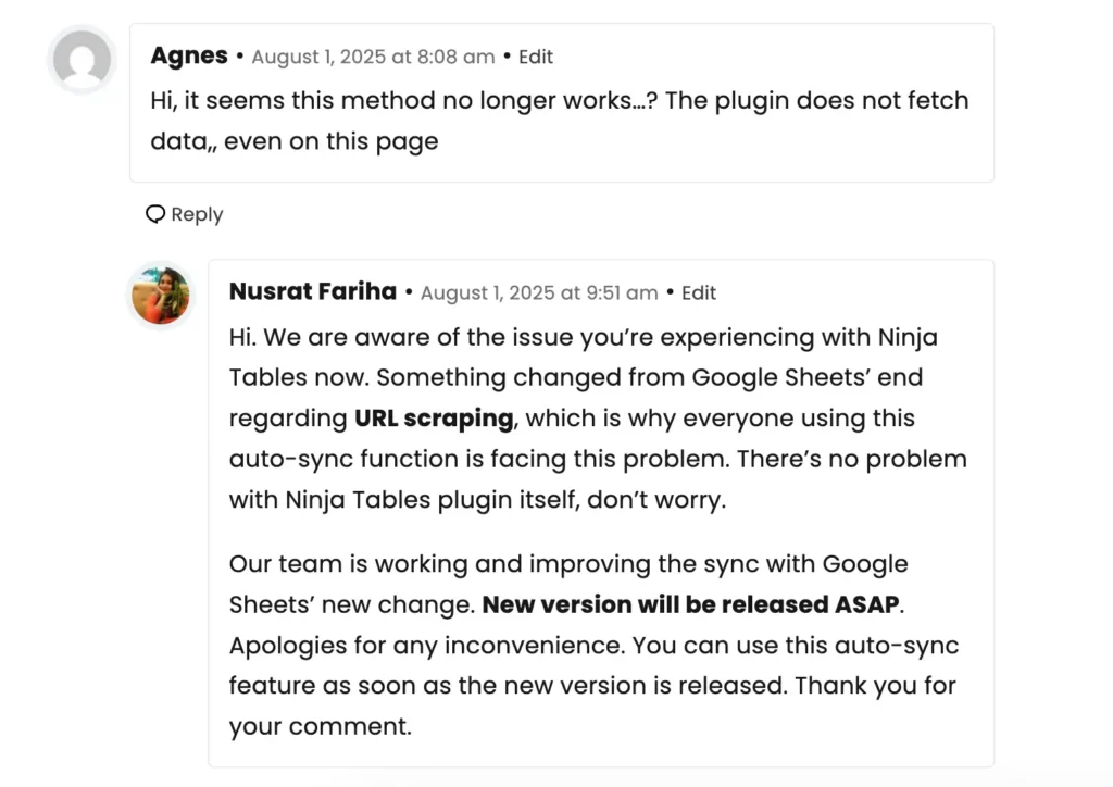 user comment about google sheet table data vanish