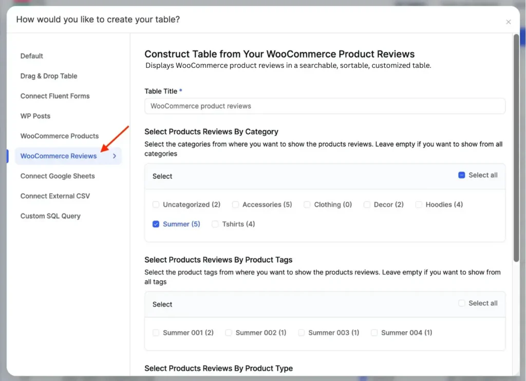 WooCommerce review table option