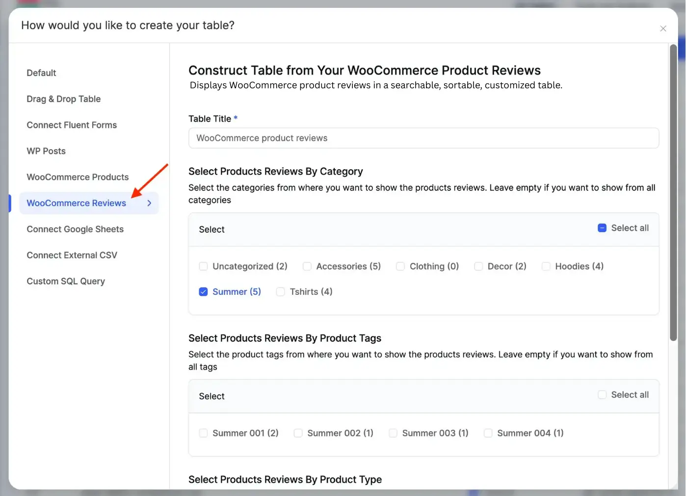 WooCommerce review table option