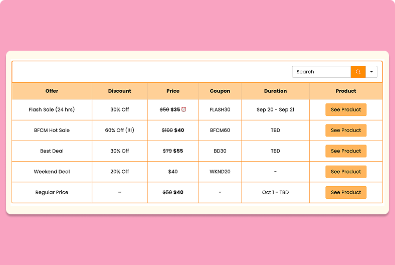 Limited time discounts table