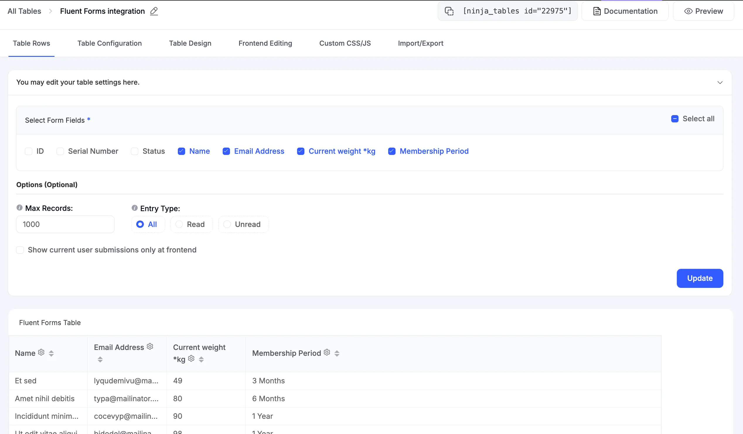 Fluent Forms table backend