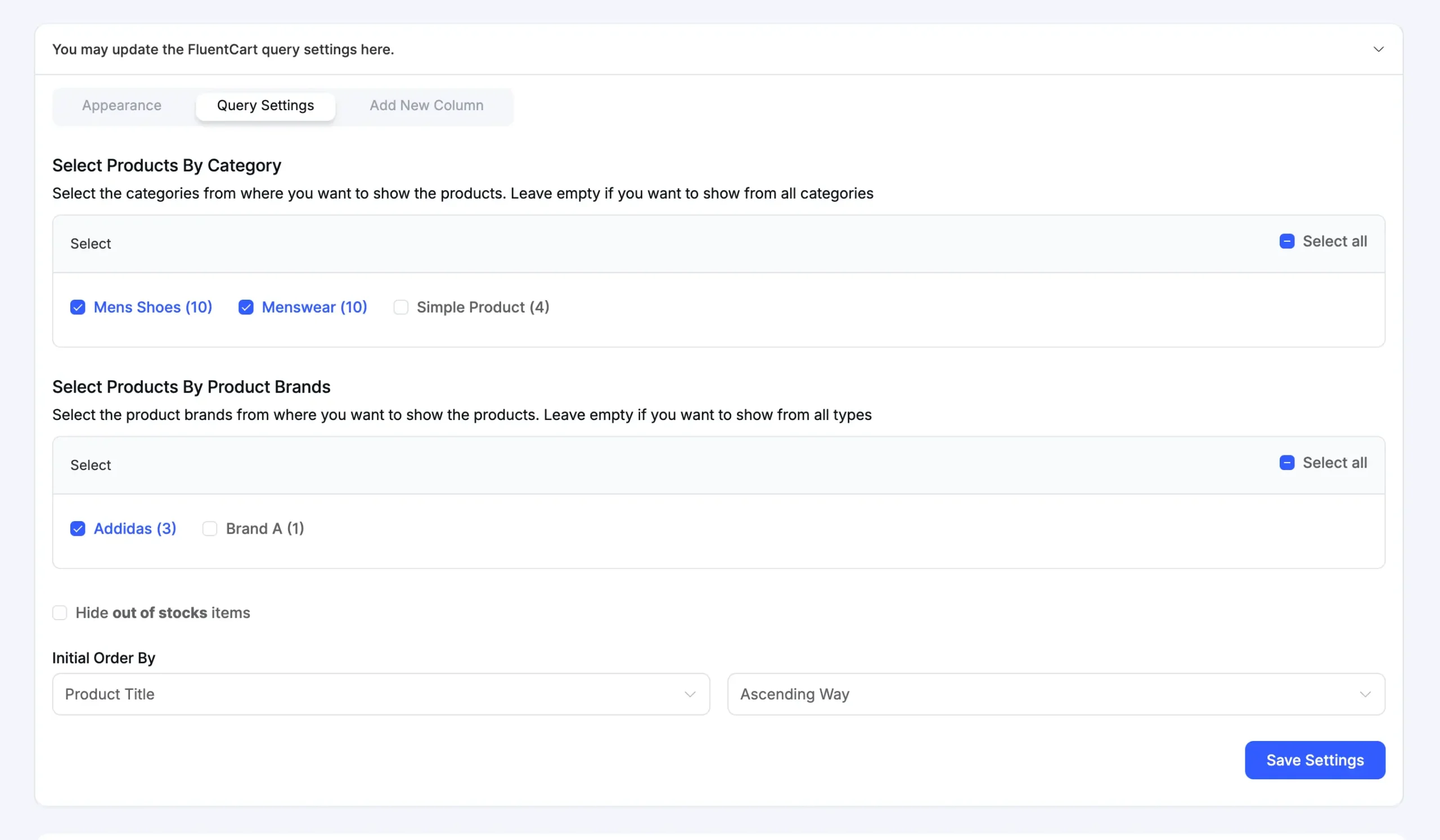 FluentCart query settings