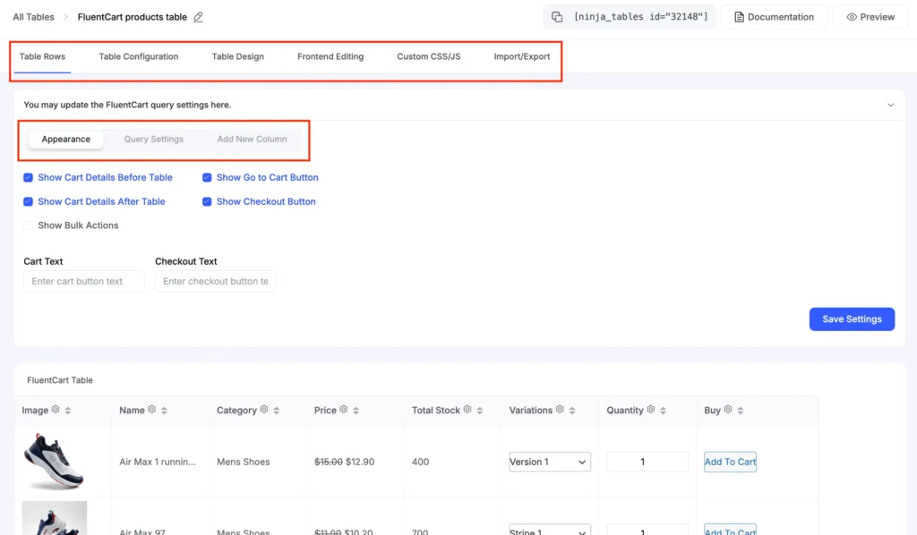 FluentCart table backend