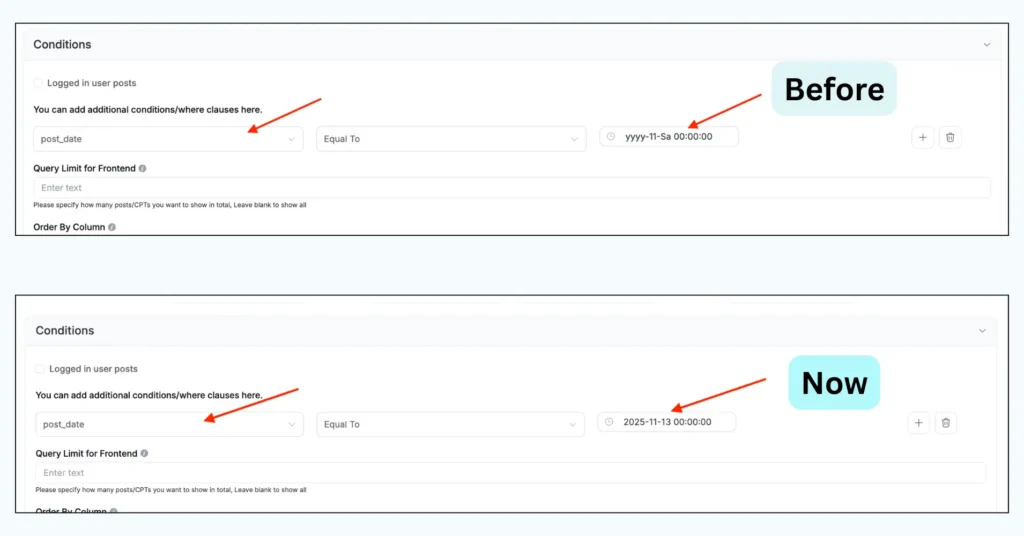 posts table date filter condition