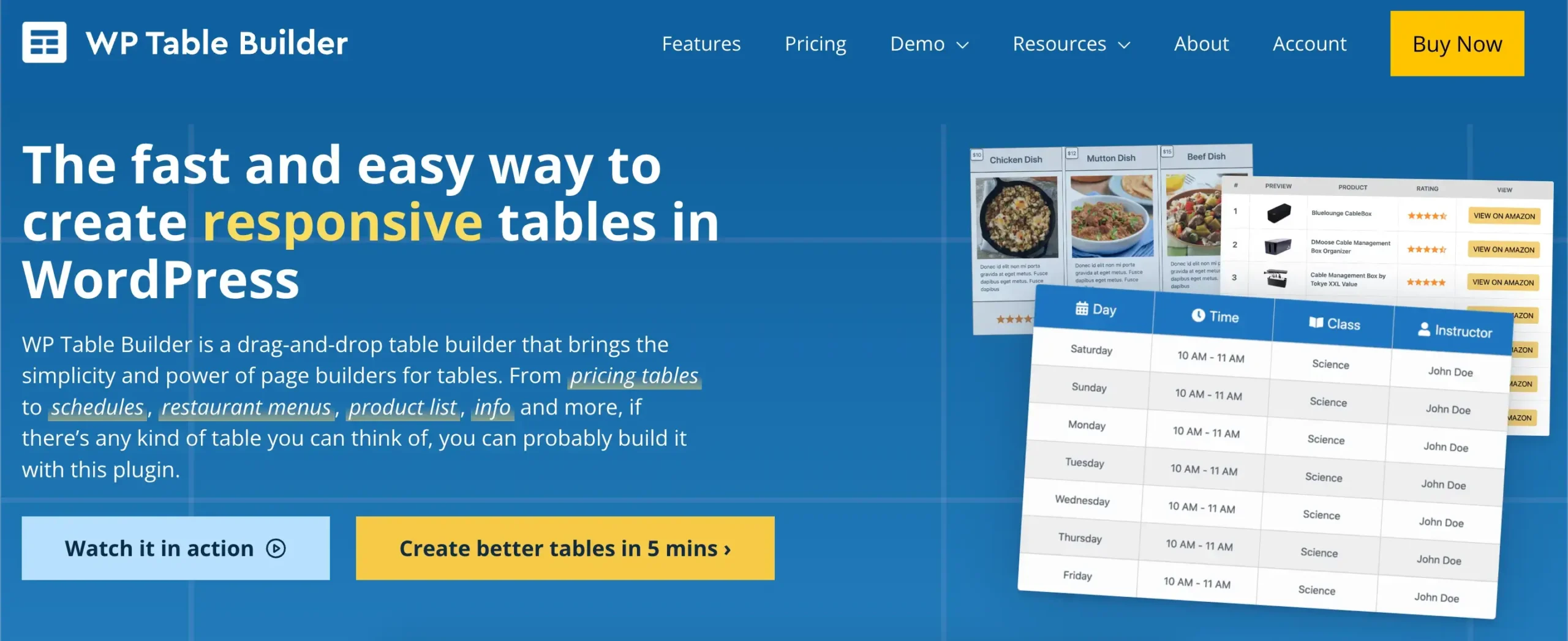wp table builder homepage