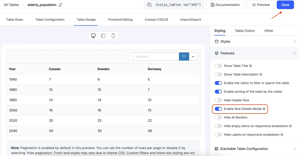 Enable row details modal