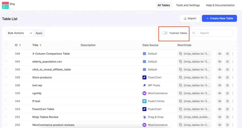 Trashed Tables toggle option